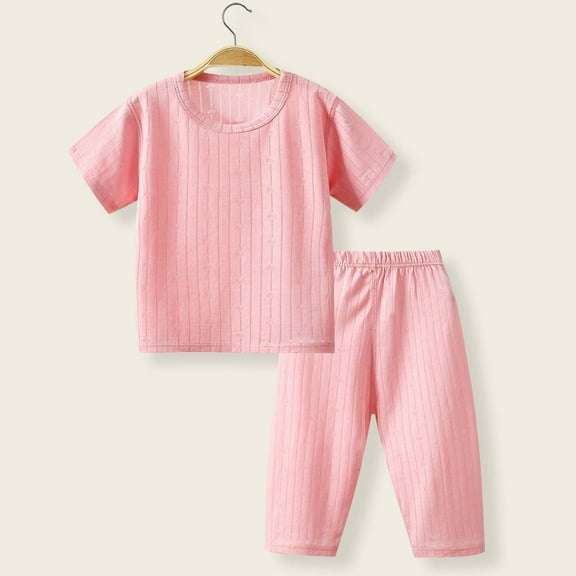 Delliss Kids Trendy Short Sleeve Pajama Ribbed Solid Color Set Girls 2pcs Pj's Sleepwear Set for 6 Months 11 Years