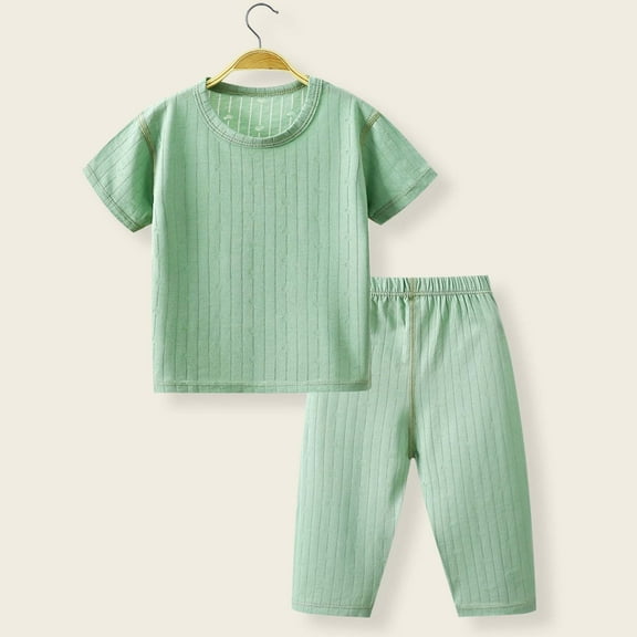 Delliss Kids Trendy Short Sleeve Pajama Ribbed Solid Color Set Girls 2pcs Pj's Sleepwear Set for 6 Months 11 Years