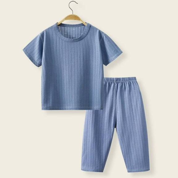 Delliss Kids Trendy Short Sleeve Pajama Ribbed Solid Color Set Girls 2pcs Pj's Sleepwear Set for 6 Months 11 Years