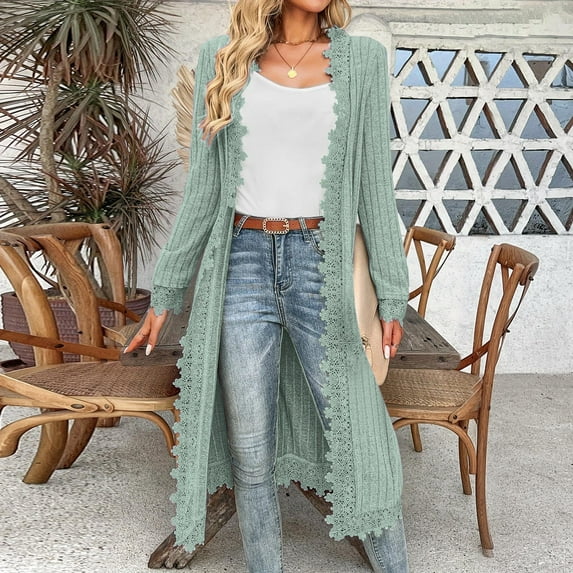 Delliss Knit Ribbed Cardigan for Women Solid Color Long Sleeve Casual Loose Lace Trim Long Cardigan S-2XL