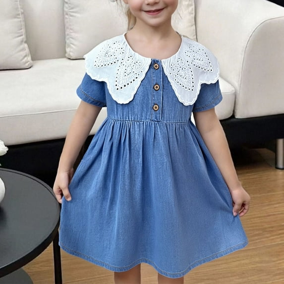 Delliss Little Girl Denim Sundress Flower Short Sleeve Casual Dress Summer Cotton Pleated A-line Jean Dress