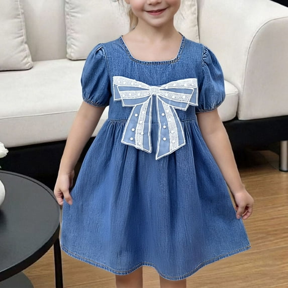 Delliss Little Girl Denim Sundress Flower Short Sleeve Casual Dress Summer Cotton Pleated A-line Jean Dress