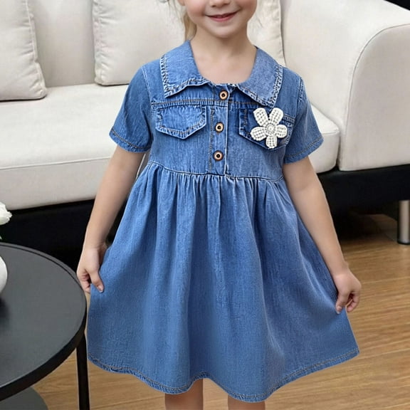 Delliss Little Girl Denim Sundress Flower Short Sleeve Casual Dress Summer Cotton Pleated A-line Jean Dress