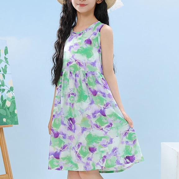 Delliss Little Girls Cotton Sleeveless Fashion Print Dresses Summer Casual Skater Swing Sundress 2-14 Years