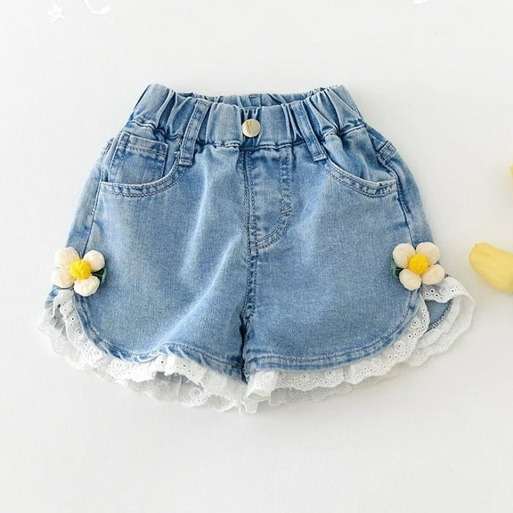 Delliss Little Girls Denim Shorts with Bownot Elastic Waist Straight Leg Denim Shorts with Pockets