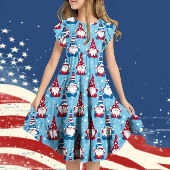 Delliss Little Girls Sleeveless Dress 4th of July Cute Independence Day American Flag Ruffle Sleeve Summer Holiday Sundress