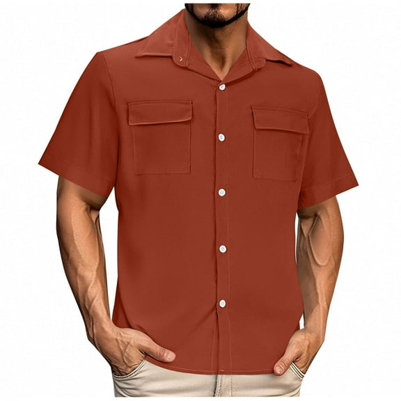 Delliss Men's Casual Solid Color Lapel Pocket Button Short Sleeve Shirt Top
