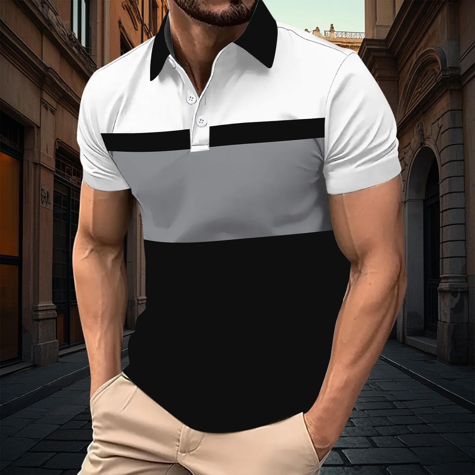 Delliss Men's Color Block Lapel Short Sleeve Pullover Shirt Button Up ...