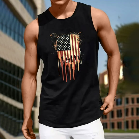 Delliss Men's Cotton Fashion Independence Day Vest Sleeveless 4th of July Crew Neck Solid Color Basic Top