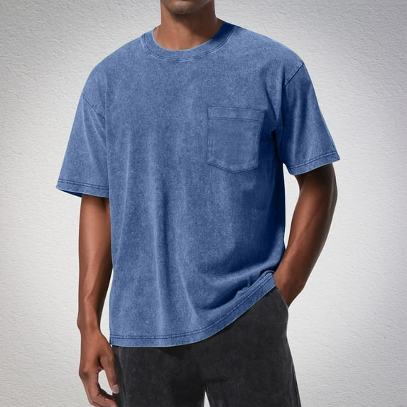 Delliss Men's Crew Neck Solid Color Washed Cotton Blouse Sports Retro Distressed T-Shirt With Pocket