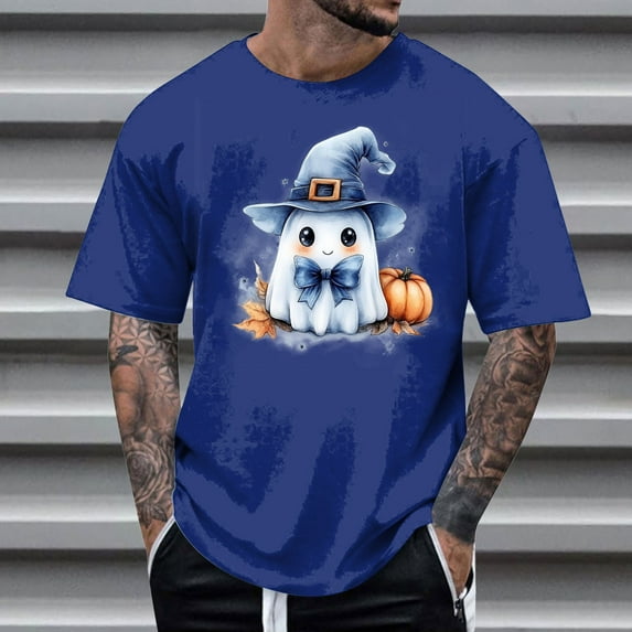 Delliss Men's Halloween Print Basic Comfy Tee Short Sleeve Simple Top Blue XXXXL