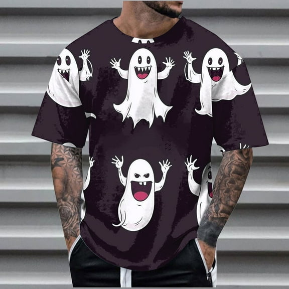 Delliss Men's Halloween Print T-Shirt Round Neck Short Sleeve Top Dark Purple XXXL