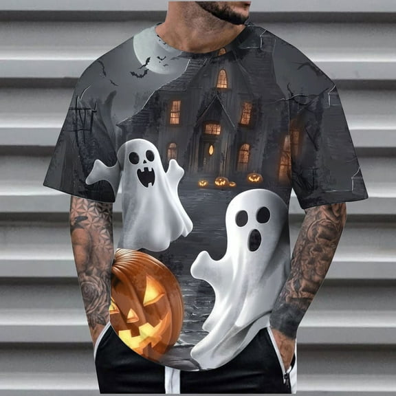 Delliss Men's Halloween Print T-Shirt Round Neck Short Sleeve Top M-4XL
