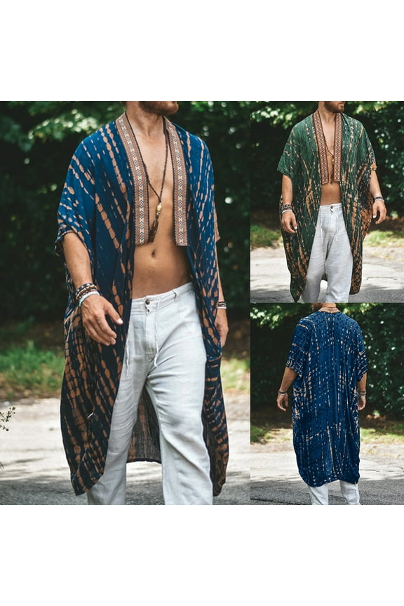 Men's Lightweight Kimono Robe Jacket Printed Fashion Style Bathrobes Casual Open Front Long Coat Outwear