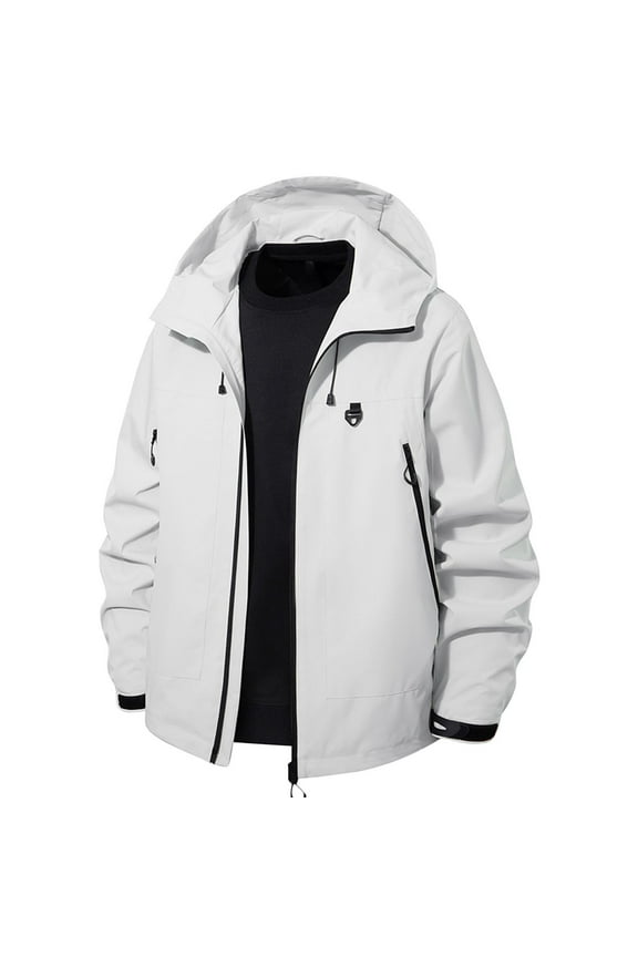 Men's Stormcoat Windproof Hooded Jacket Hiking Solid Color Top Long Sleeve Top With Zipper Pocket White M