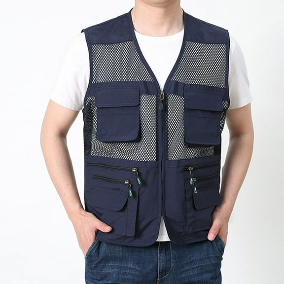 Delliss Men's Summer Solid Color Mesh Zipper Quickly Dry Loose Vest Multi Pockets Sleeveless Waistcoat Dark Blue M