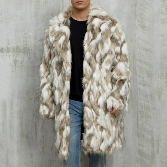 Delliss Men's Winter Lapel Long Sleeve Coat Comfy Casual Faux Fur Jacket Khaki M