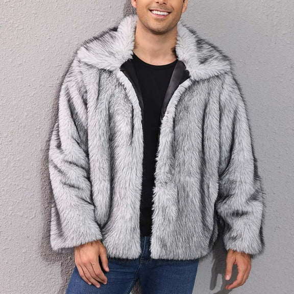 Delliss Men's Winter Long Sleeve Solid Color Lapel Warm Jacket Faux Fur Top Jacket Silver S
