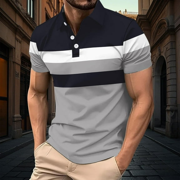 Delliss Mens Fashion Color Block Polo Shirts Casual Golf Short Sleeve T Shirt Striped Shirts Tops