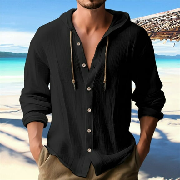 Delliss Mens' Summer Trendy Hoodie Button Shirts Casual Blouse Cotton Linen Beach Long Sleeve Coat Top Black L