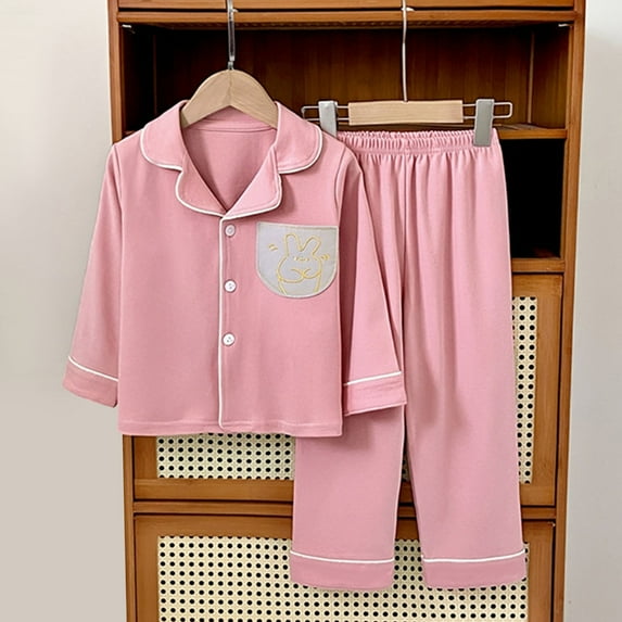Delliss New Children's Pajama Set Girls' Simulated Silk 2 Piece Short Sleeve long pants Bear print Home Clothes Color Ding Girls' Love Air Conditioning Clothes