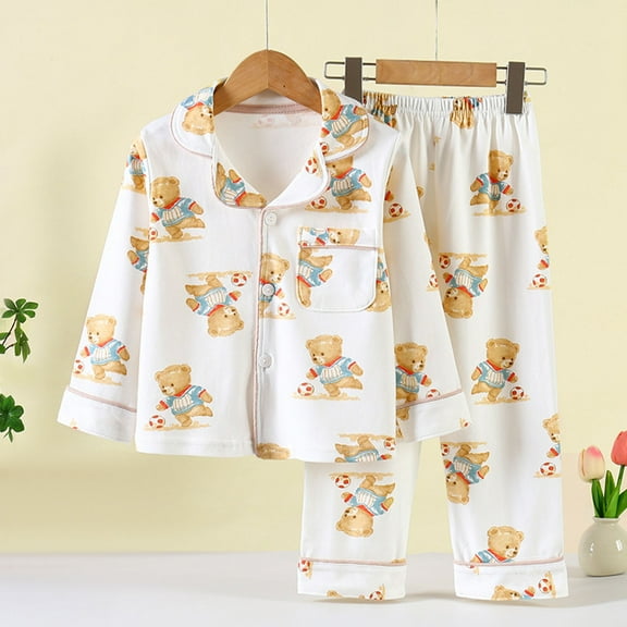 Delliss New Children's Pajama Set Girls' Simulated Silk 2 Piece Short Sleeve long pants Bear print Home Clothes Color Ding Girls' Love Air Conditioning Clothes