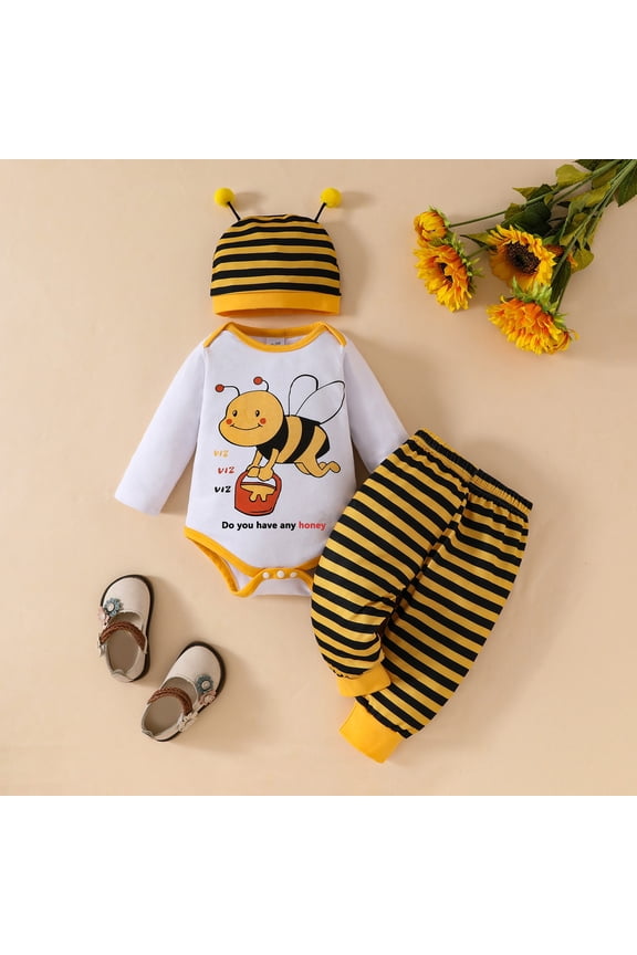 Newborn Baby Bee Printed Long Sleeved Romper+Striped Pants+Hat 3PCS Set Infant Spring Fall Clothes