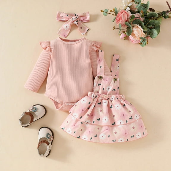 Delliss Newborn Baby Girls Cute Ruffle Long Sleeve Ribbed Romper Top Floral Suspender Skirt with Headband 3 Pcs Set