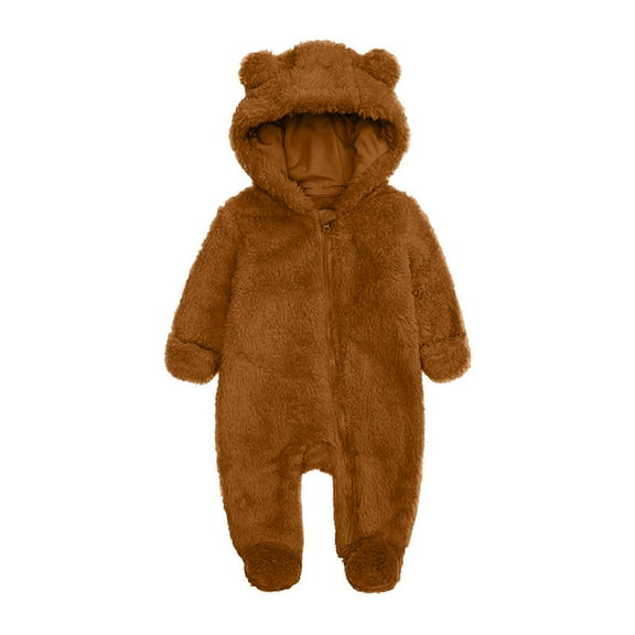Delliss Newborn Fluffy Baby Girls Winter Romper Solid Color Onesie Plush Hooded Long Sleeve Jumpsuits Fashion Clothes