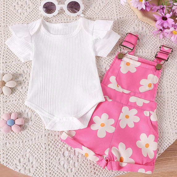 Delliss Newborn Infant Baby Girl Overall Shorts Set Ruffle Knit Rib Romper Fashion Print Pocket Suspender Romper Summer Outift 0-3 Years