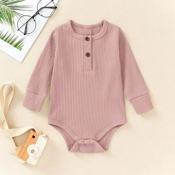 Delliss Newborn Ribbed Button Jumpsuit Baby Boys Girls Solid Color Long Sleeve Romper Spring and Fall