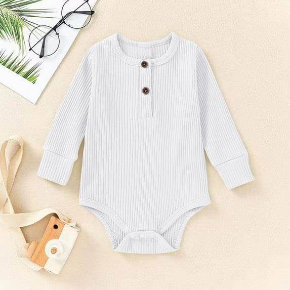 Delliss Newborn Ribbed Button Jumpsuit Baby Boys Girls Solid Color Long Sleeve Romper Spring and Fall