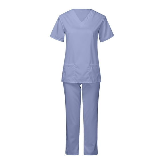 Delliss Nursing Uniforms Scrub Set for Women Short Sleeved Solid Color Pocket V Neck Workwear Nurse Suit Set