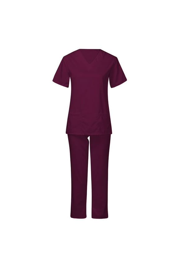 Nursing Uniforms Scrub Set for Women Short Sleeved Solid Color Pocket V Neck Workwear Nurse Suit Set