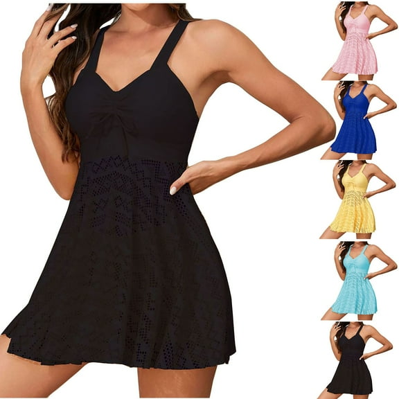 Delliss One Piece Swimdress Hollow Out Swimsuits for Women Tummy Control Swim Dress Cute Modest Skirt Bathing Suit Sky Blue XL