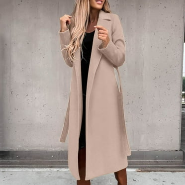 Delliss Open Front Overcoat For Women Lapel Solid Color Long Sleeve Coat With Belt