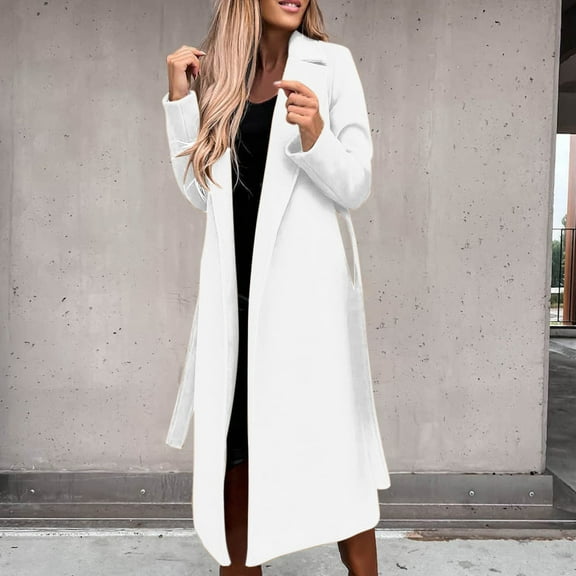 Delliss Open Front Overcoat For Women Lapel Solid Color Long Sleeve Coat With Belt