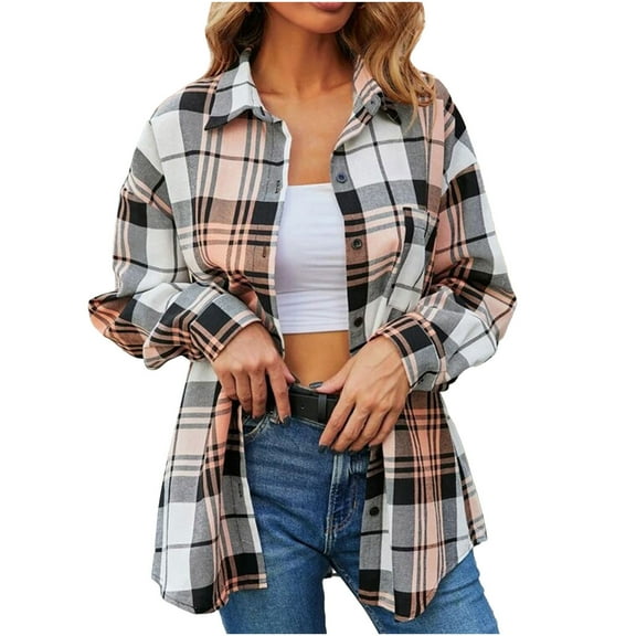 Delliss Plaid Shacket Shirt Women Basic Plaid Lapel Button Cardigan Top Long Sleeve Casual Jacket