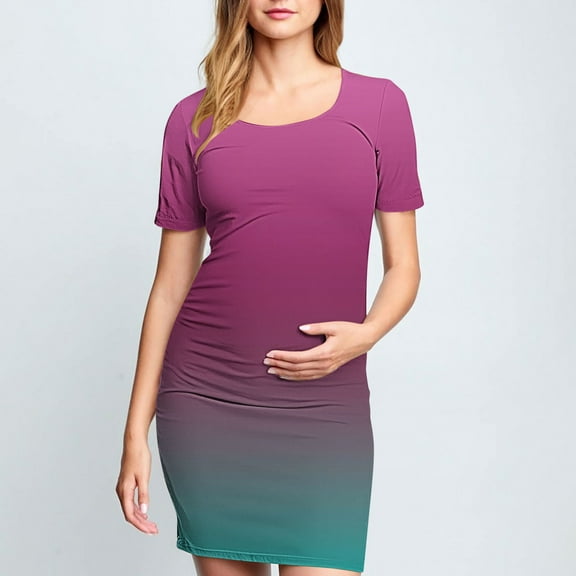 Delliss Pleated Bodycon Maternity Dress For Women Crew Neck T-Shirt Trendy Print Breathable Dress For Daily Wearing