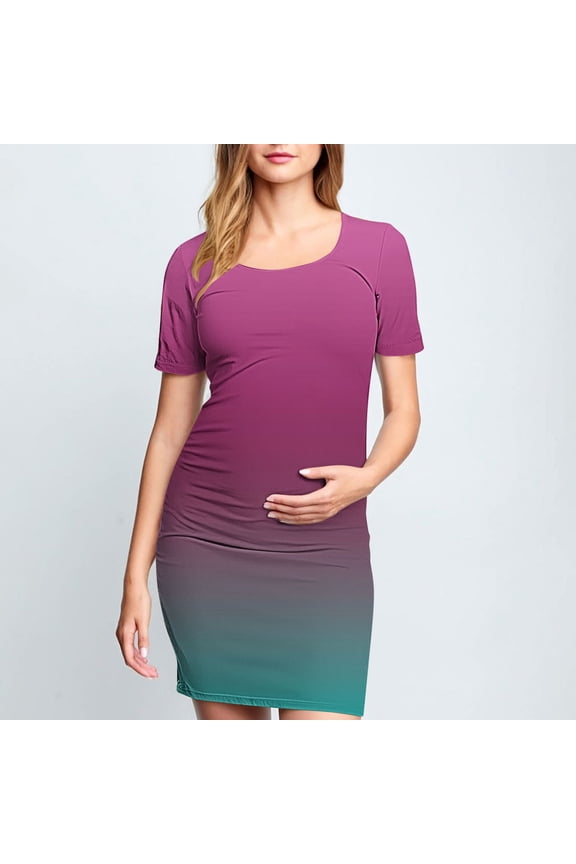 Pleated Bodycon Maternity Dress For Women Crew Neck T-Shirt Trendy Print Breathable Dress For Daily Wearing