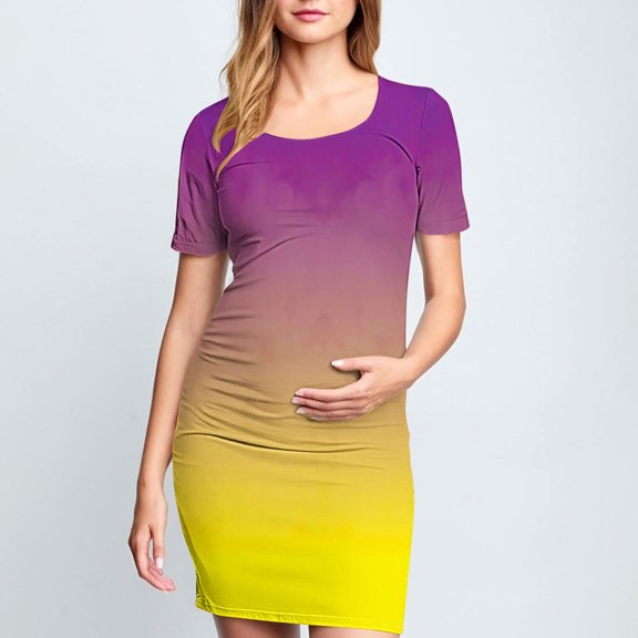 Delliss Pleated Bodycon Maternity Dress For Women Crew Neck T-Shirt Trendy Print Breathable Dress For Daily Wearing