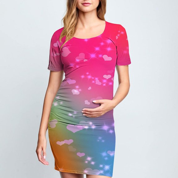 Delliss Pleated Bodycon Maternity Dress For Women Crew Neck T-Shirt Trendy Print Breathable Dress For Daily Wearing