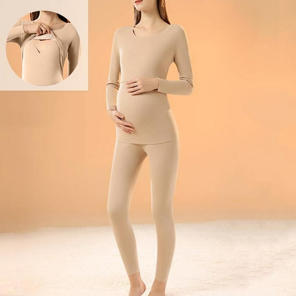 Delliss Pregnant Women's Solid Color Round Neck Long Sleeve Nursing Top Matching Legging Pants Fall Winter Warm Clothing Set Beige L