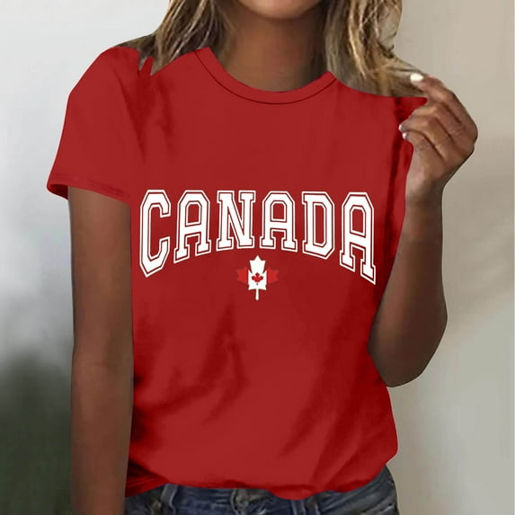 Delliss S-3XL Womens Maple Leaf print Tee Tshirts Crew Neck Casual Blouses Top