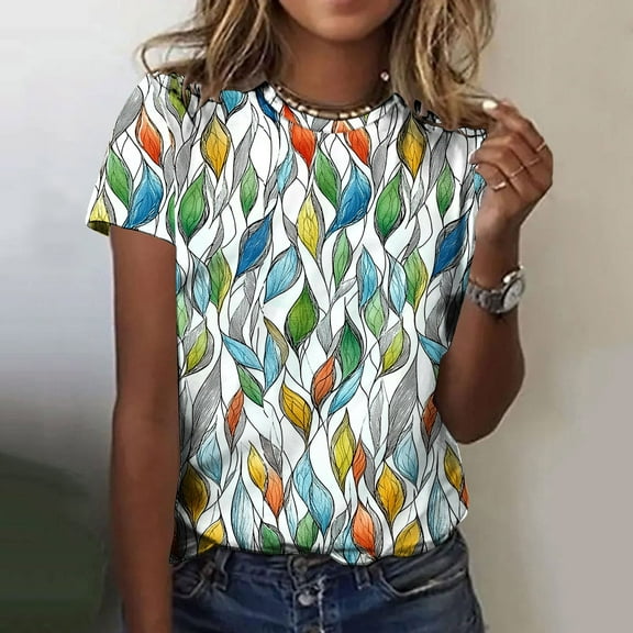 Delliss S-5XL Women Summer Oversized Casual Print Shirts Short Sleeve Smocked Loose Fashion Tops Womens Crew Neck Tee Tshirt Blouse