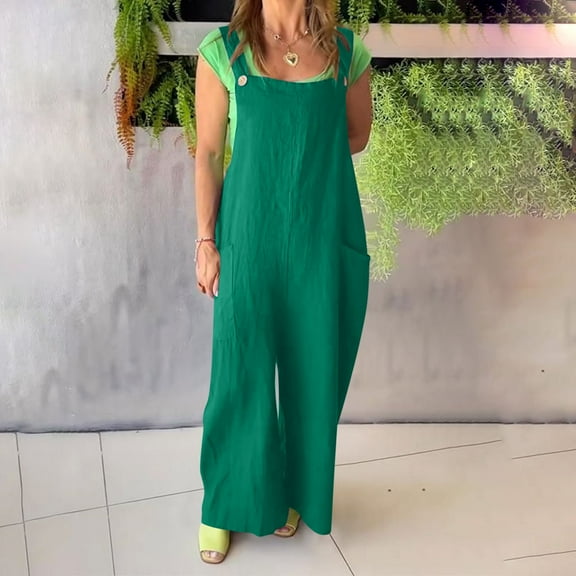 Delliss Sleeveless Button Baggy Jumpsuit For Women Straps Casual Summer Trendy Bib Rompers With Pockets