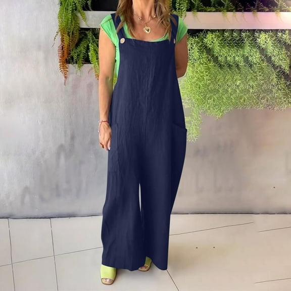 Delliss Sleeveless Button Baggy Jumpsuit For Women Straps Casual Summer Trendy Bib Rompers With Pockets