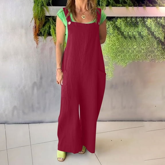 Delliss Sleeveless Button Baggy Jumpsuit For Women Straps Casual Summer Trendy Bib Rompers With Pockets