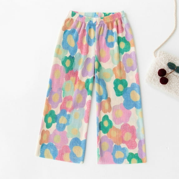 Delliss Summer Girls Wide Leg Pants Loose Trousers Elastic Waist Casual Printing Long Pants