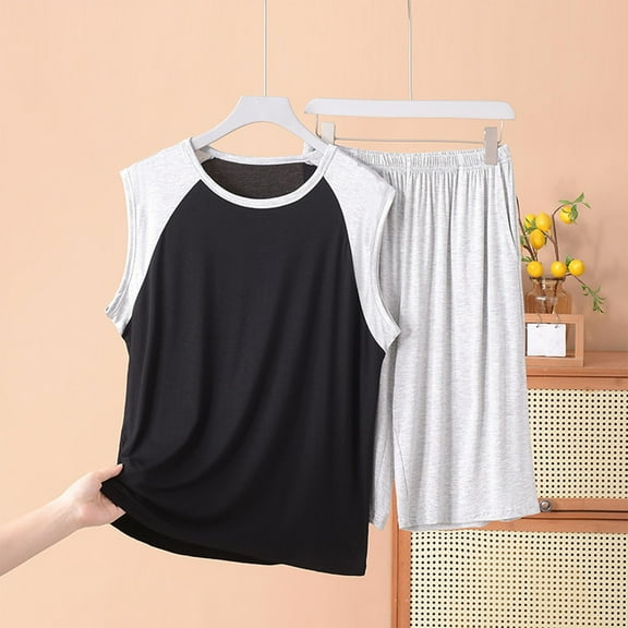 Delliss Summer Pajama Sets for Men 2 Piece Sleeveless Tank Casual Sleepwear Soft Pj Sets Top And Shorts Loungewear Set